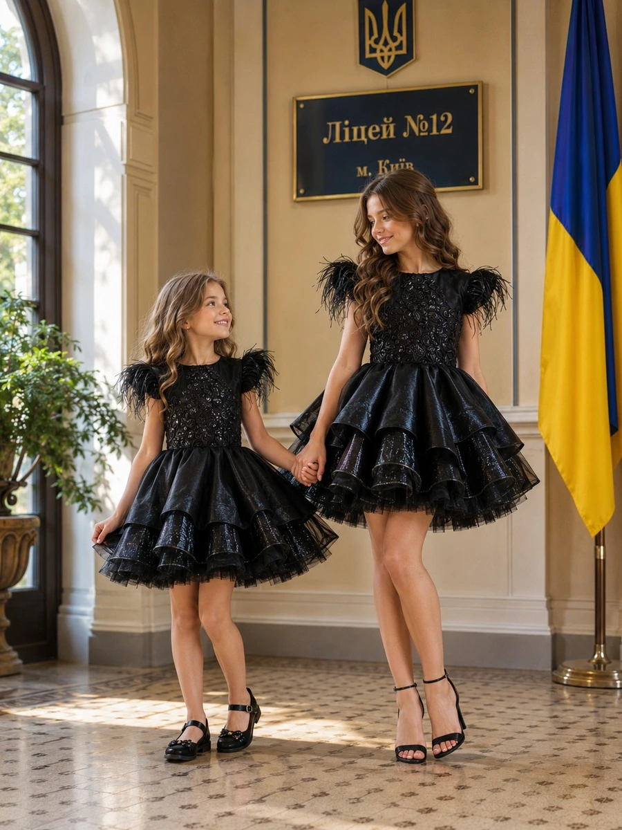 Сукня Noir Plume — чорний couture, пір’я, дитяча преміальна модель ручної роботи