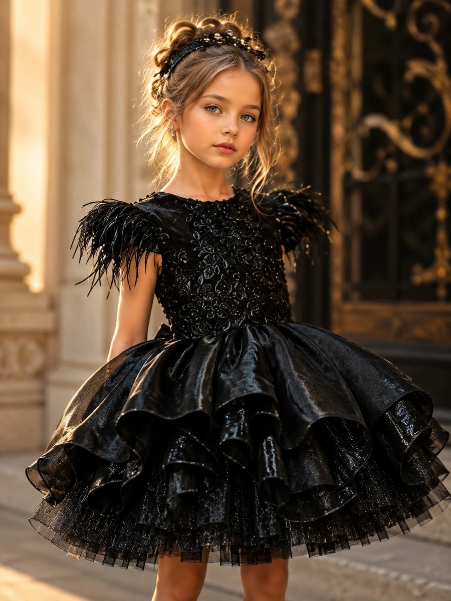 Сукня Vivienne — чорний couture, фактура і пір’я, дитяча преміальна модель ручної роботи